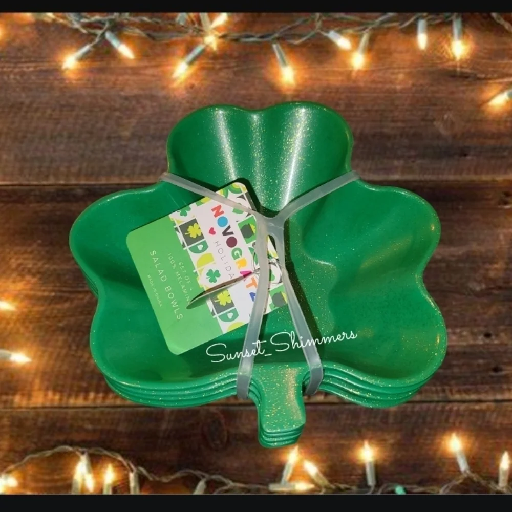 4pc ST PATRICKS DAY SHAMROCK GOLD SHIMMER MELAMINE Salad App Dessert BOWL Set